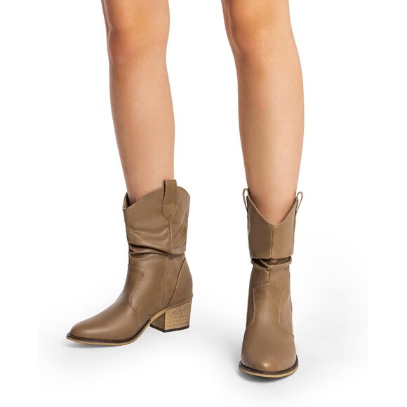 Women's Brown Modern Cowboy Boots Mid Calf Round Toe Chunky Heel Ankle Boots - Picture 5 of 7